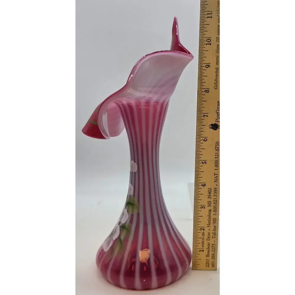 FENTON CRANBERRY OPAL RIBBED OPTIC DECORATED JIP VASE MUSEUM COLL SIGNED